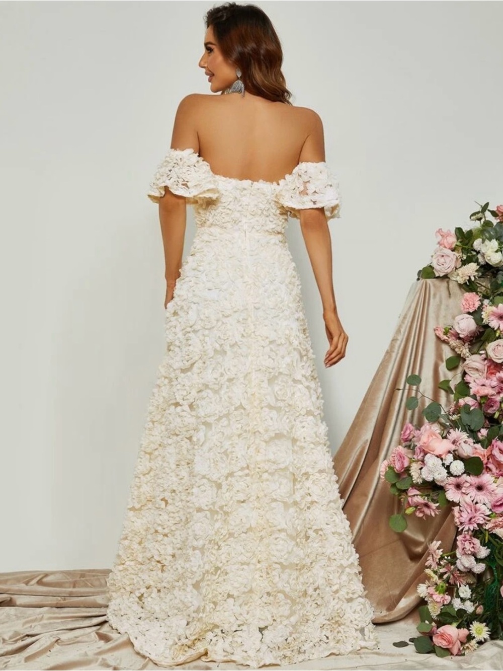 Off-Shoulder Ivory Floral Appliqué Ball Gown Dress - Picture 4 of 5